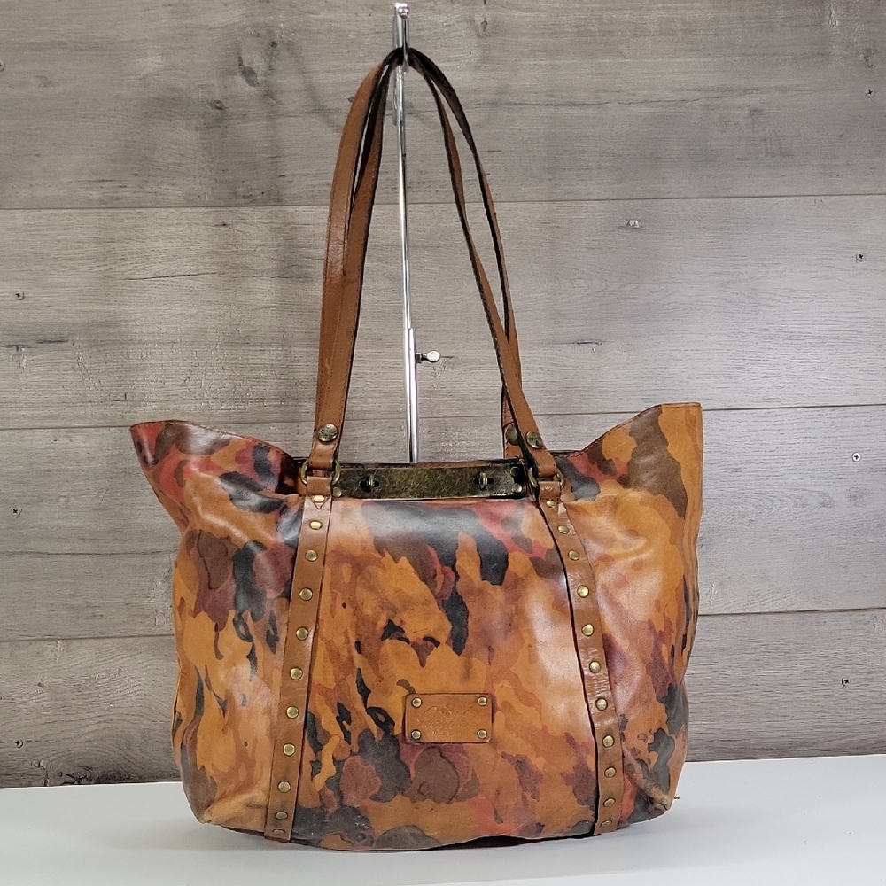 Large Patricia Nash Leather Camouflage Tote Bag in Multi Brown